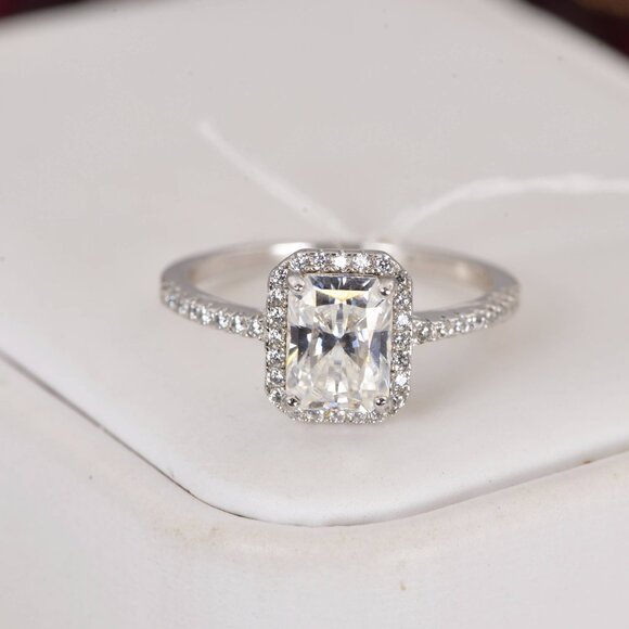 Certified 2.0 ct Halo Radiant Cut Moissanite Engagement Ring 925 Sterling - Picture 2 of 7